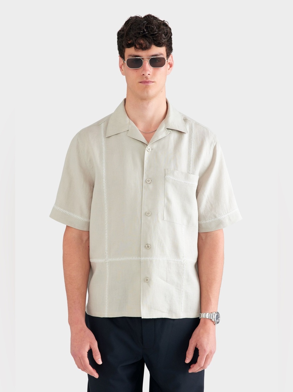 🆕 Venroy Men’s Crochet Stitch Linen Camp Collar Shirt - Fog/White